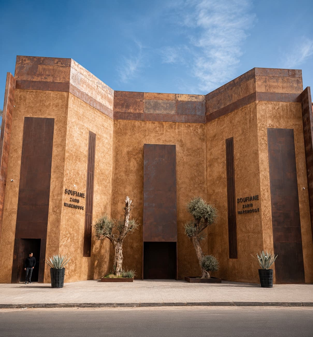 Corten-steel façade of the Soufiane Zarib warehouse, Sidi Ghanem, Marrakech
