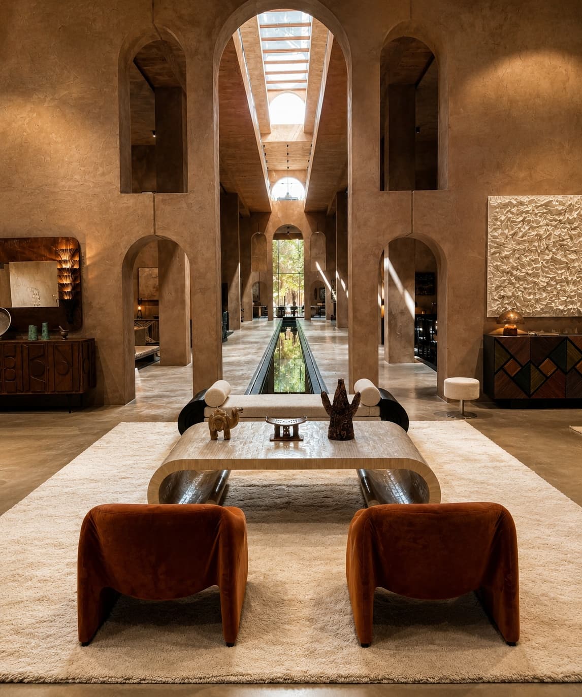 Vaulted corridor and reflecting pool inside the Soufiane Zarib warehouse, Sidi Ghanem, Marrakech