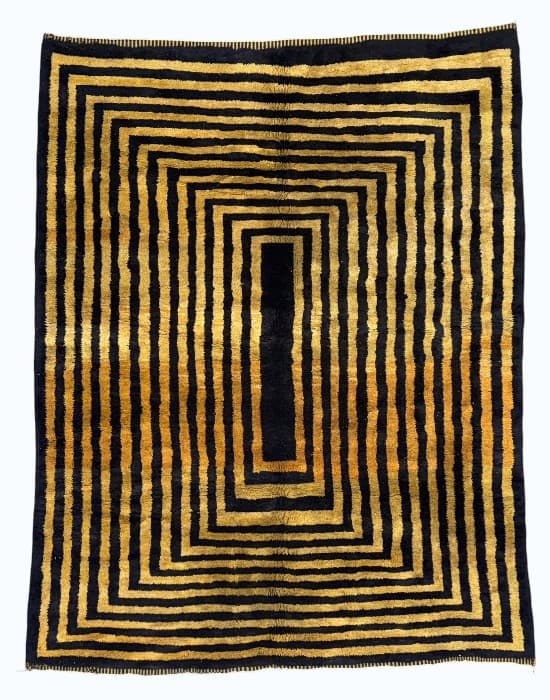 Golden Labyrinth hand-knotted Beni Ourain wool rug in concentric gold rectangles around a black core - Soufiane Zarib