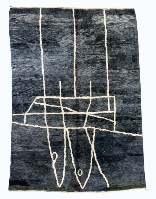 Ink Line hand-knotted Beni Ourain wool rug in slate blue with a single white line drawing - Soufiane Zarib