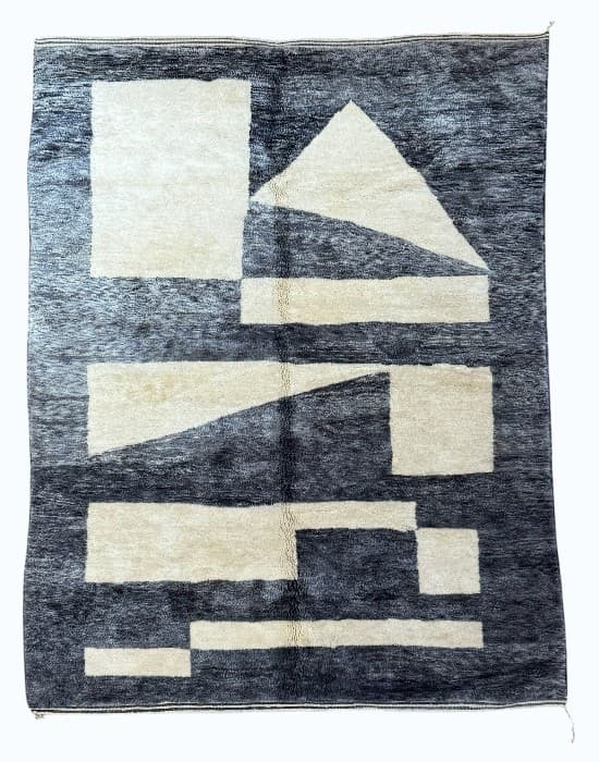 Cut Paper hand-knotted Beni Ourain wool rug in indigo with cut-paper ivory blocks and a triangle - Soufiane Zarib