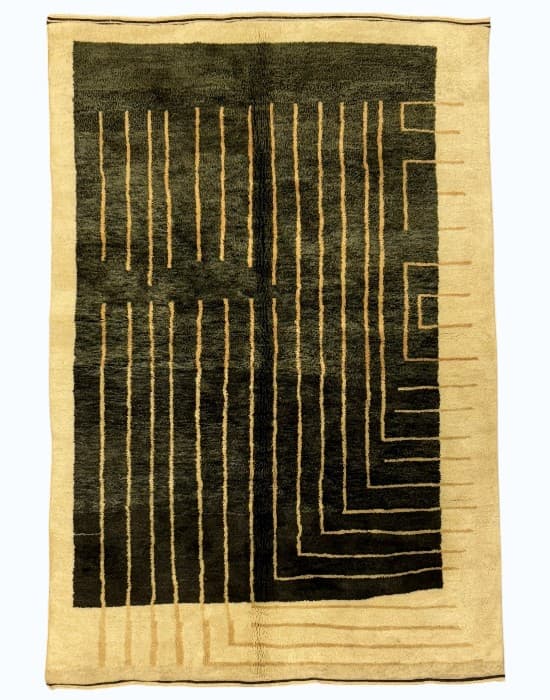 Olive Comb hand-knotted Beni Ourain wool rug in olive and black combed verticals in a cream border - Soufiane Zarib
