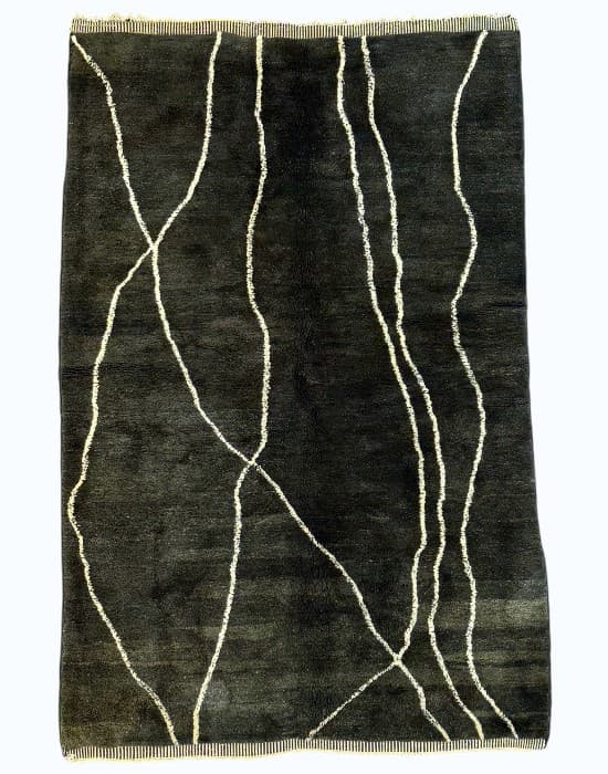 Rivulets hand-knotted Beni Ourain wool rug in dark olive crossed by white rivulets - Soufiane Zarib