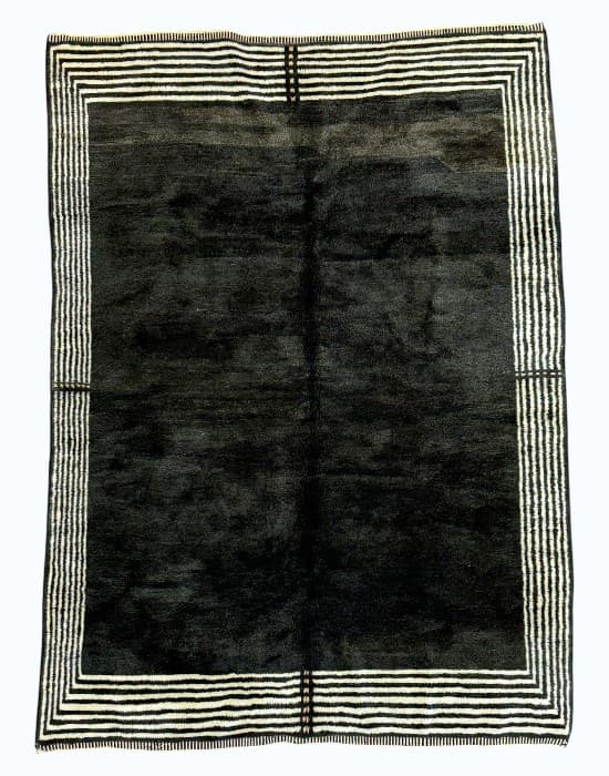 Zebra Border hand-knotted Beni Ourain wool rug in a black field inside a striped ivory border - Soufiane Zarib