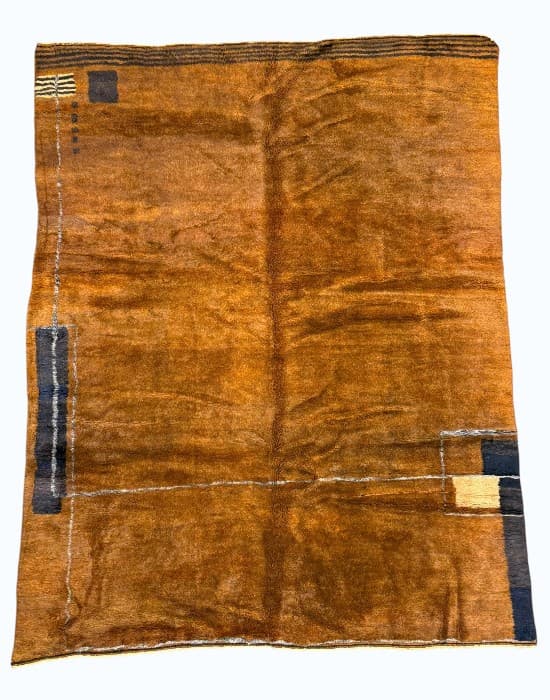 Marigold hand-knotted Beni Ourain wool rug in marigold orange with small indigo squares - Soufiane Zarib