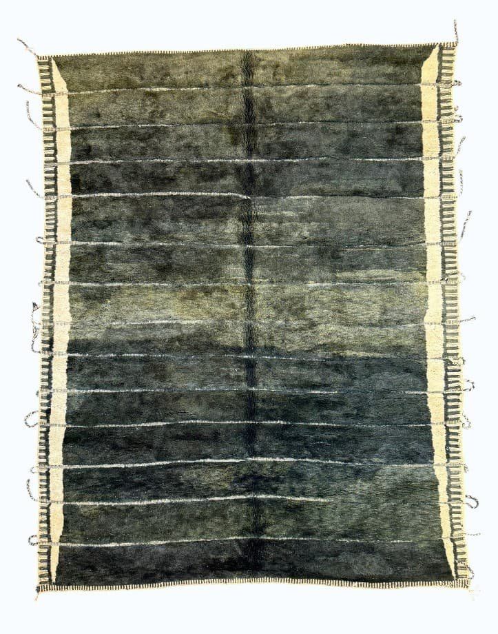 Lagoon Bands hand-knotted Beni Ourain wool rug in teal and green bands with a heavy fringe - Soufiane Zarib