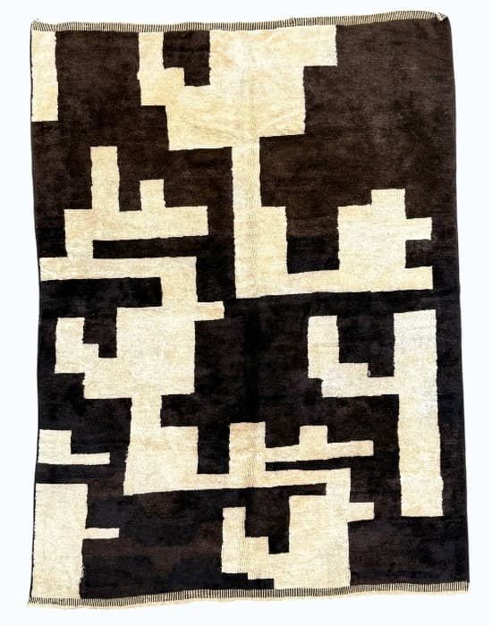Puzzle hand-knotted Beni Ourain wool rug in deep brown with interlocking ivory puzzle shapes - Soufiane Zarib