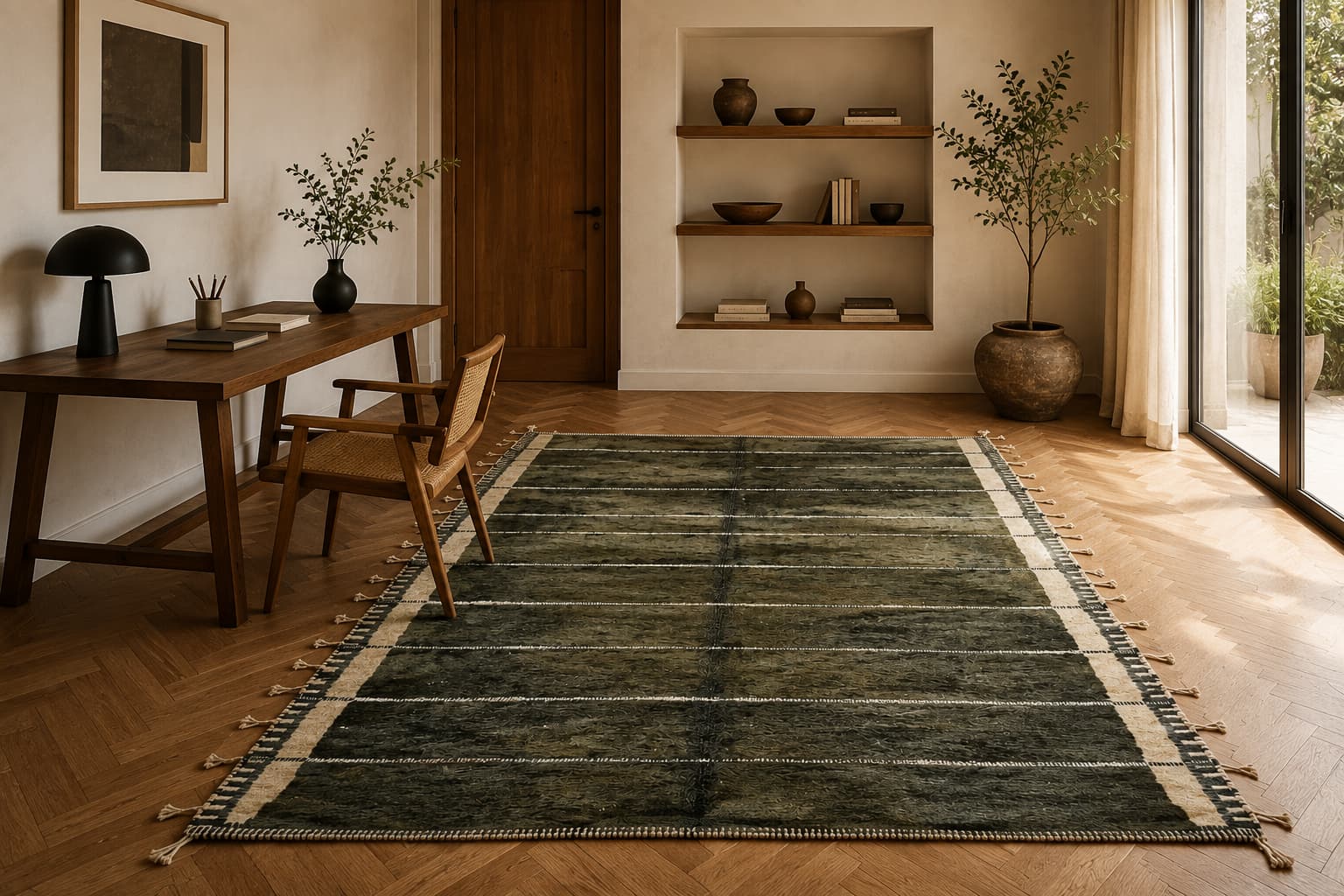Dark striped vintage kilim in a home office with herringbone parquet flooring - Soufiane Zarib