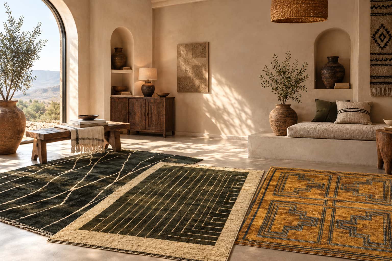 Newly arrived Moroccan kilims and Beni rugs styled together in a sunlit Marrakech living room - Soufiane Zarib