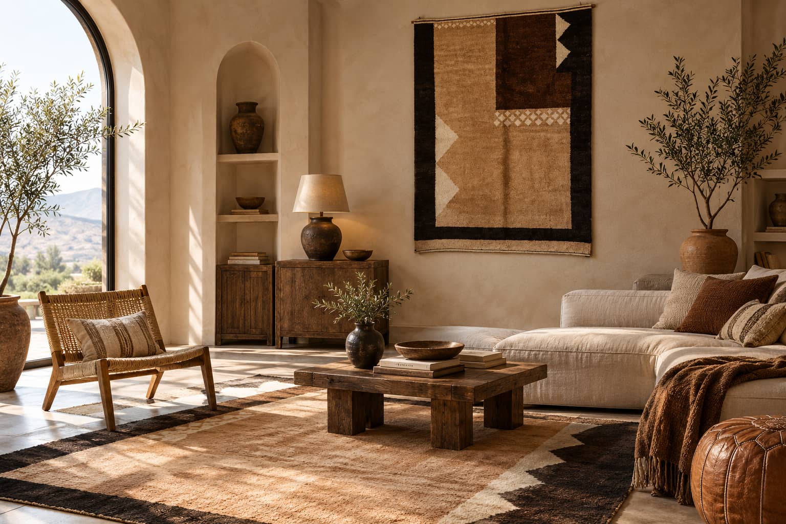Newly arrived Moroccan rug hung on the wall above a fresh floor piece in a warm, sunlit living room - Soufiane Zarib