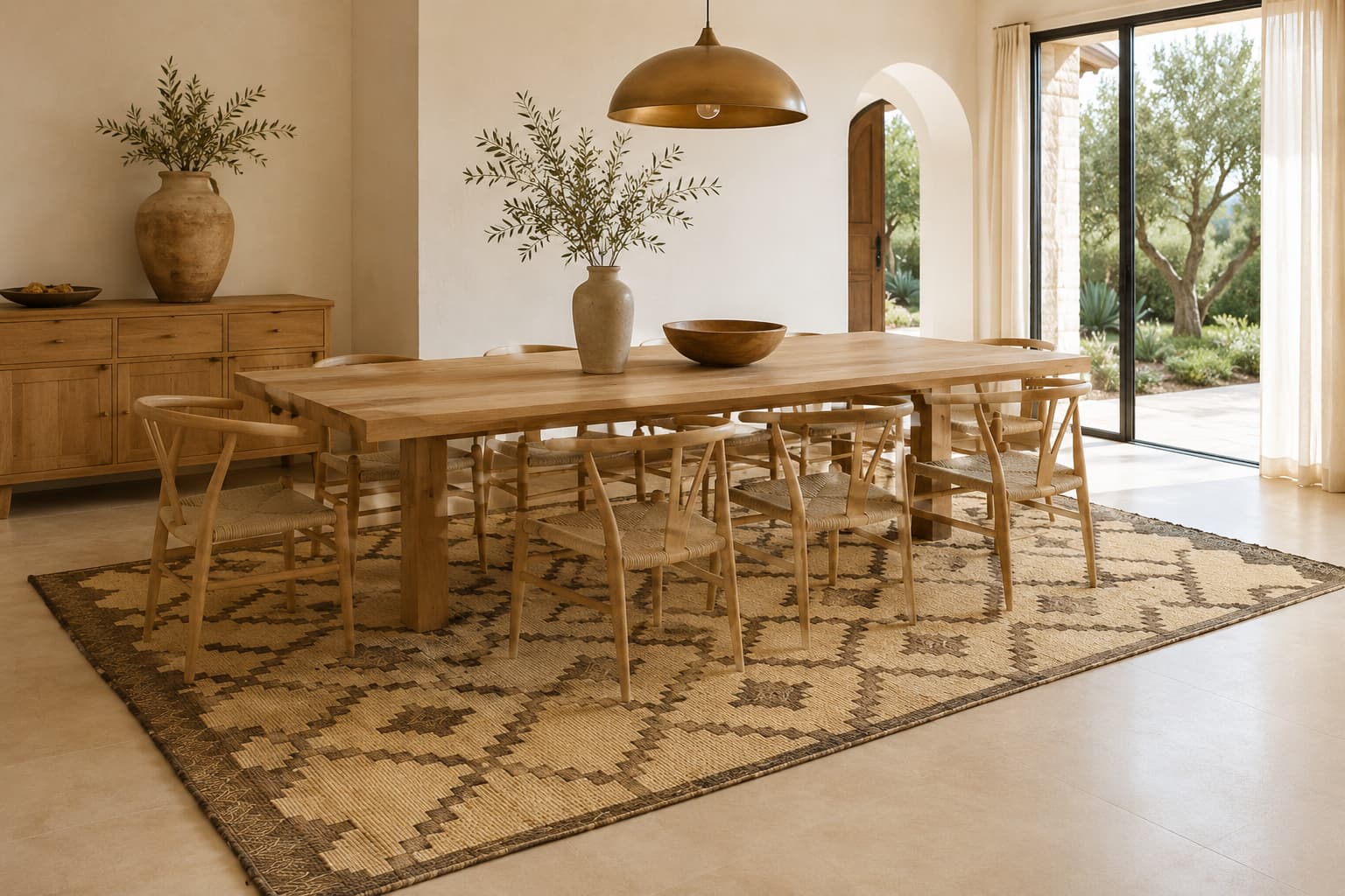 Handwoven Tuareg reed mat with diamond motifs beneath a wooden dining table in a Moroccan villa - Soufiane Zarib