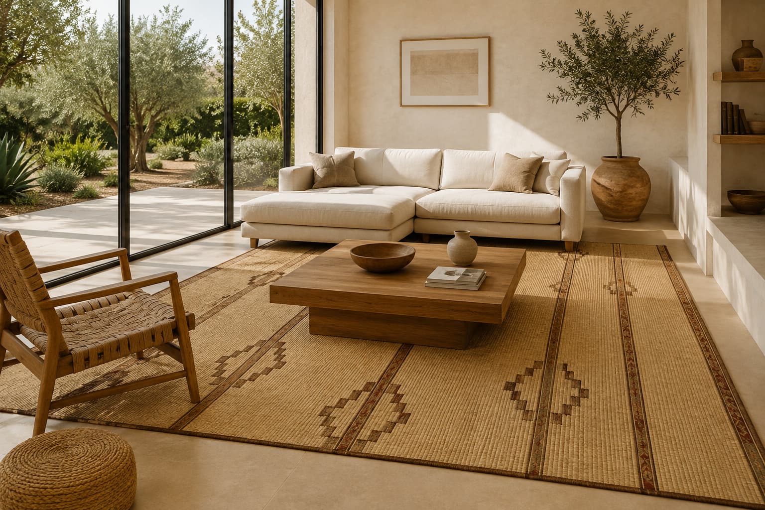 Striped Tuareg reed mat laid in a sunlit Moroccan living room beside a wooden coffee table - Soufiane Zarib