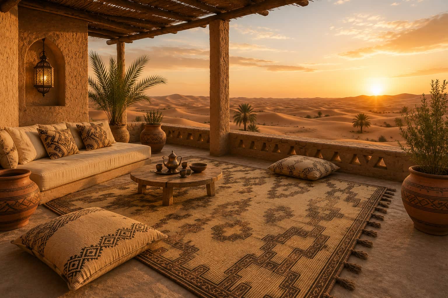 Hand-plaited Tuareg reed mat on a desert terrace overlooking the Sahara dunes at sunset