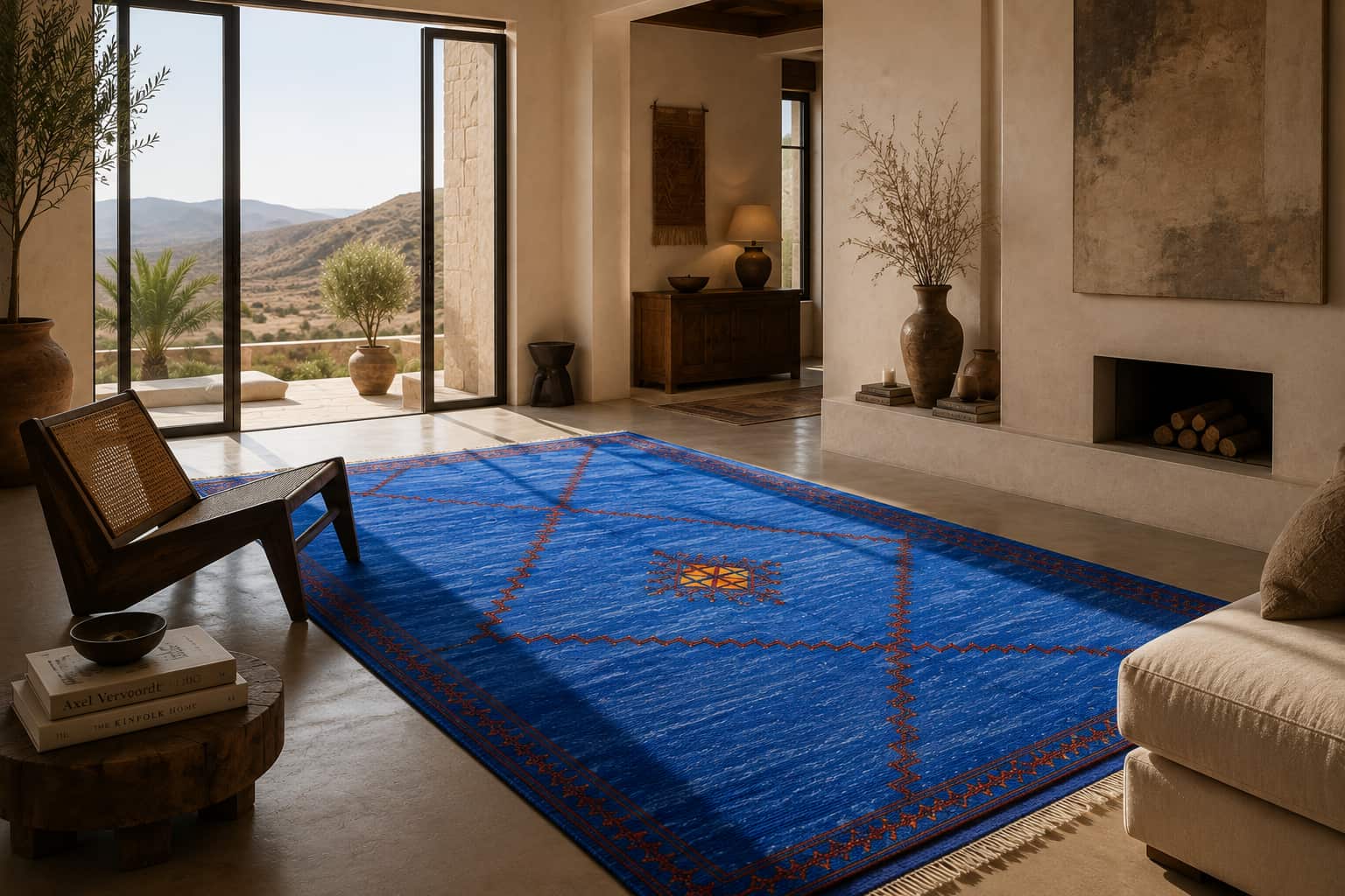 Cobalt blue vintage Moroccan kilim with a diamond lattice in a desert villa living room - Soufiane Zarib