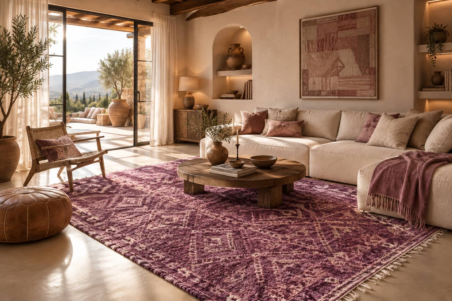 Vintage Moroccan diamond-pattern kilim beneath a wooden coffee table in a sunlit Mediterranean living room - Soufiane Zarib