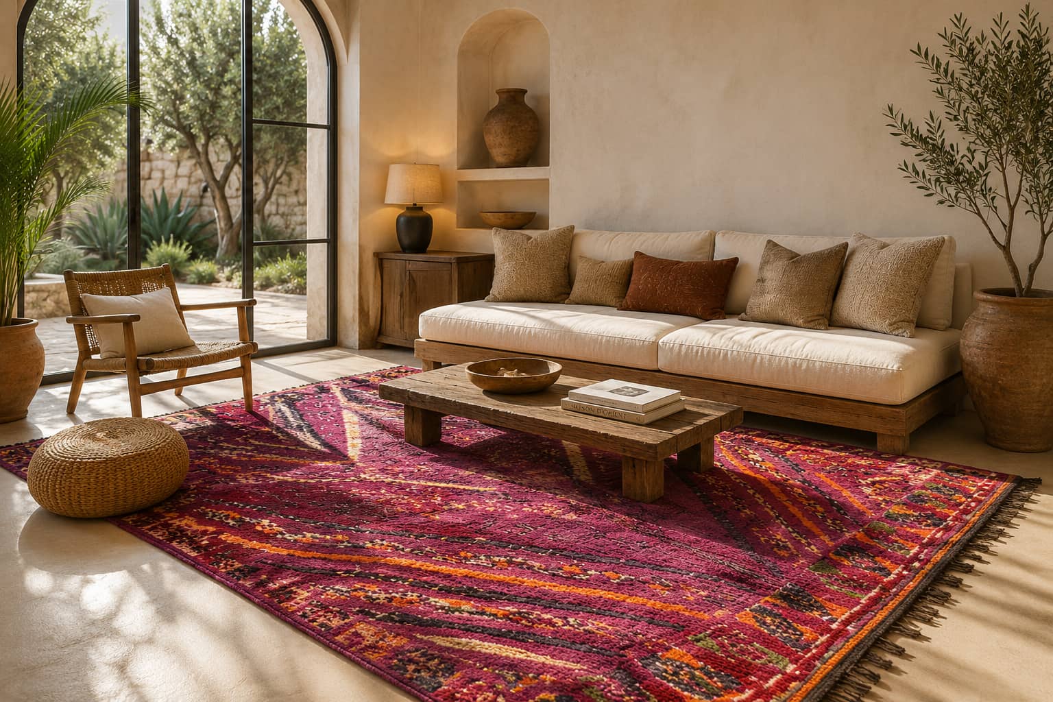 Magenta and orange chevron vintage kilim laid in a warm rustic living room with a garden view - Soufiane Zarib
