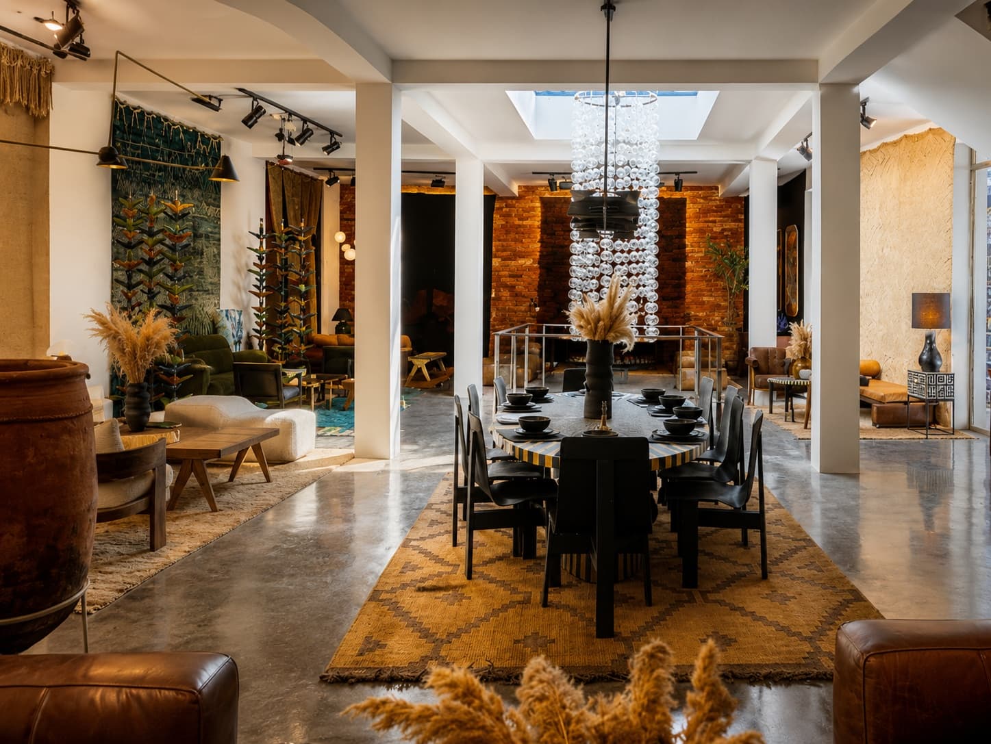Soufiane Zarib 16 showroom in Dar el Bacha, Marrakech — a dining table dressed with Moroccan ceramics beneath a crystal chandelier, rugs and mid-century furniture throughout