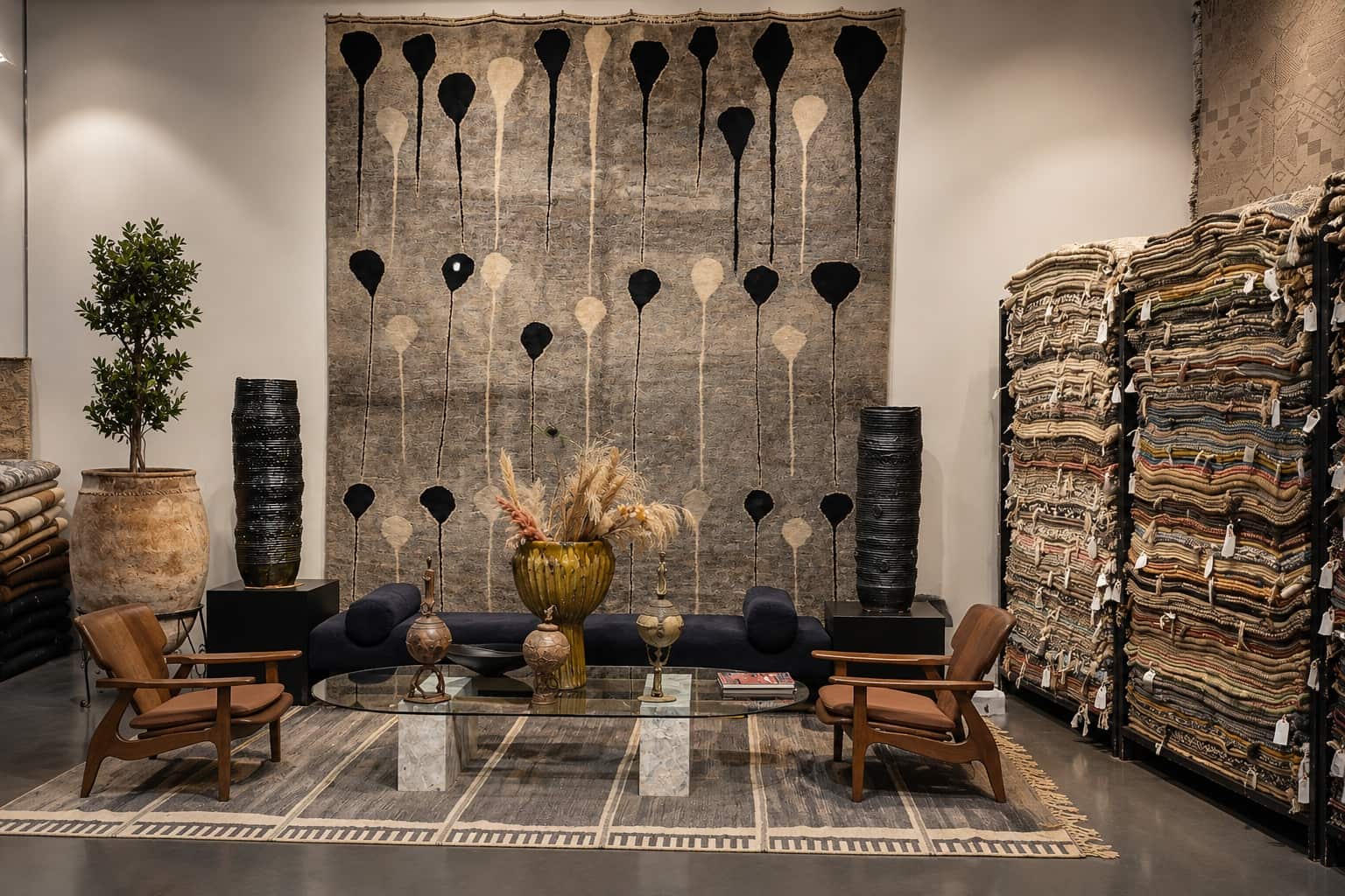 Vintage Berber rug displayed as wall art above lounge chairs at the Soufiane Zarib showroom, Marrakech
