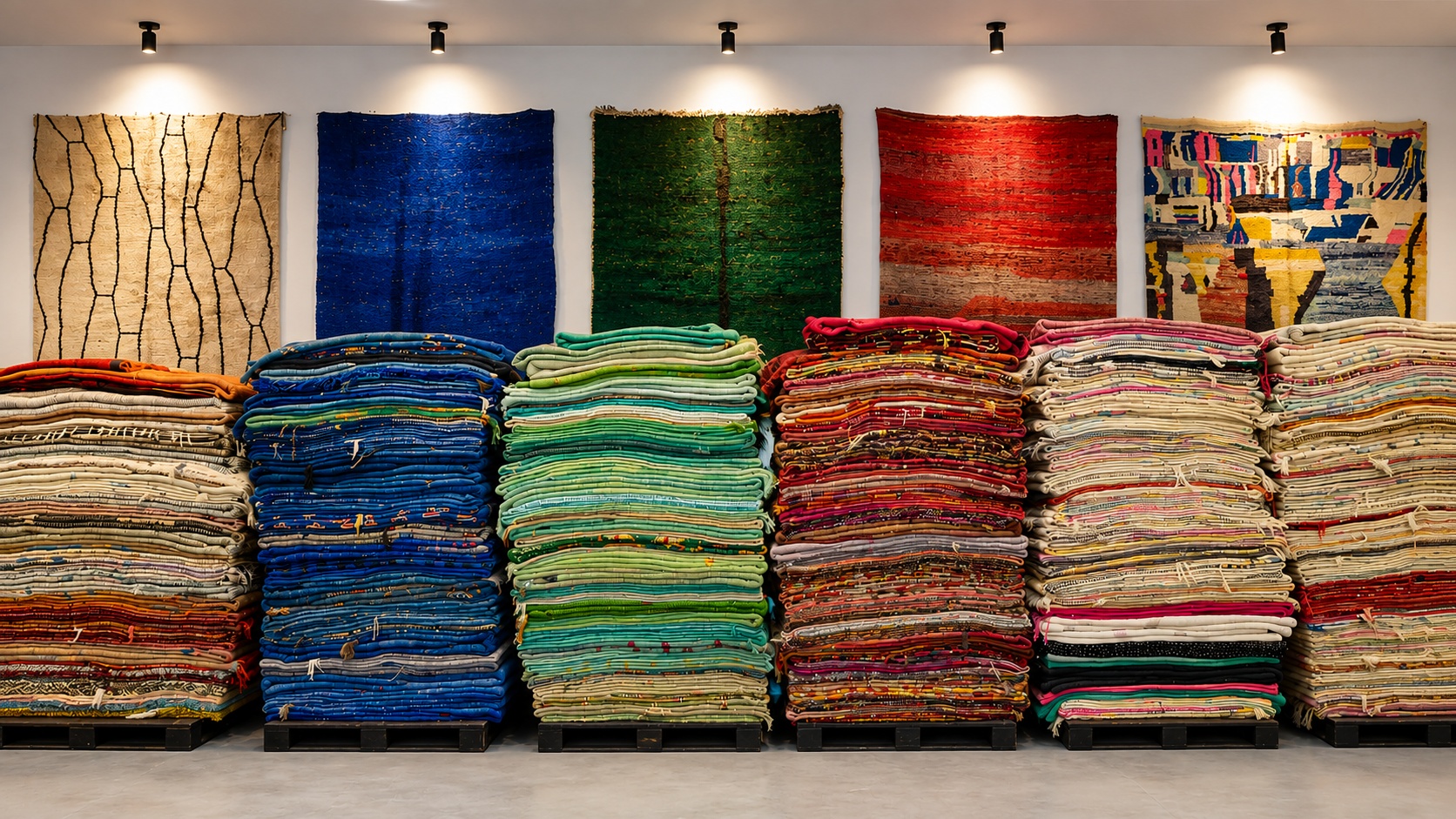 Wall of stacked vintage Berber rugs and kilims at the Soufiane Zarib showroom, Marrakech