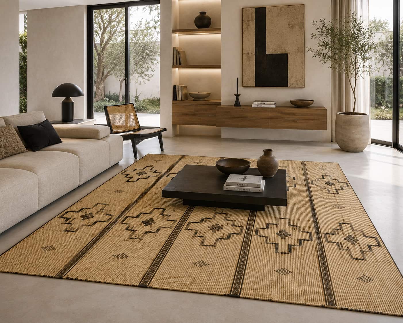 Banded Medallion Tuareg reed mat (Nt350) shown in a Moroccan interior - Soufiane Zarib