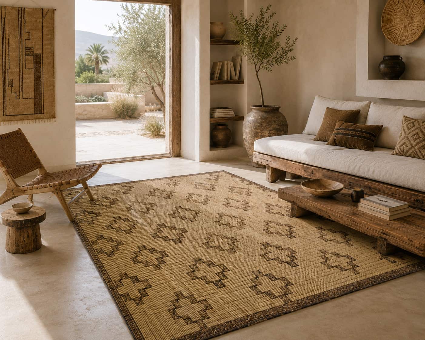 Handwoven Tuareg reed mat with bold cross motifs from the Sahara - Soufiane Zarib
