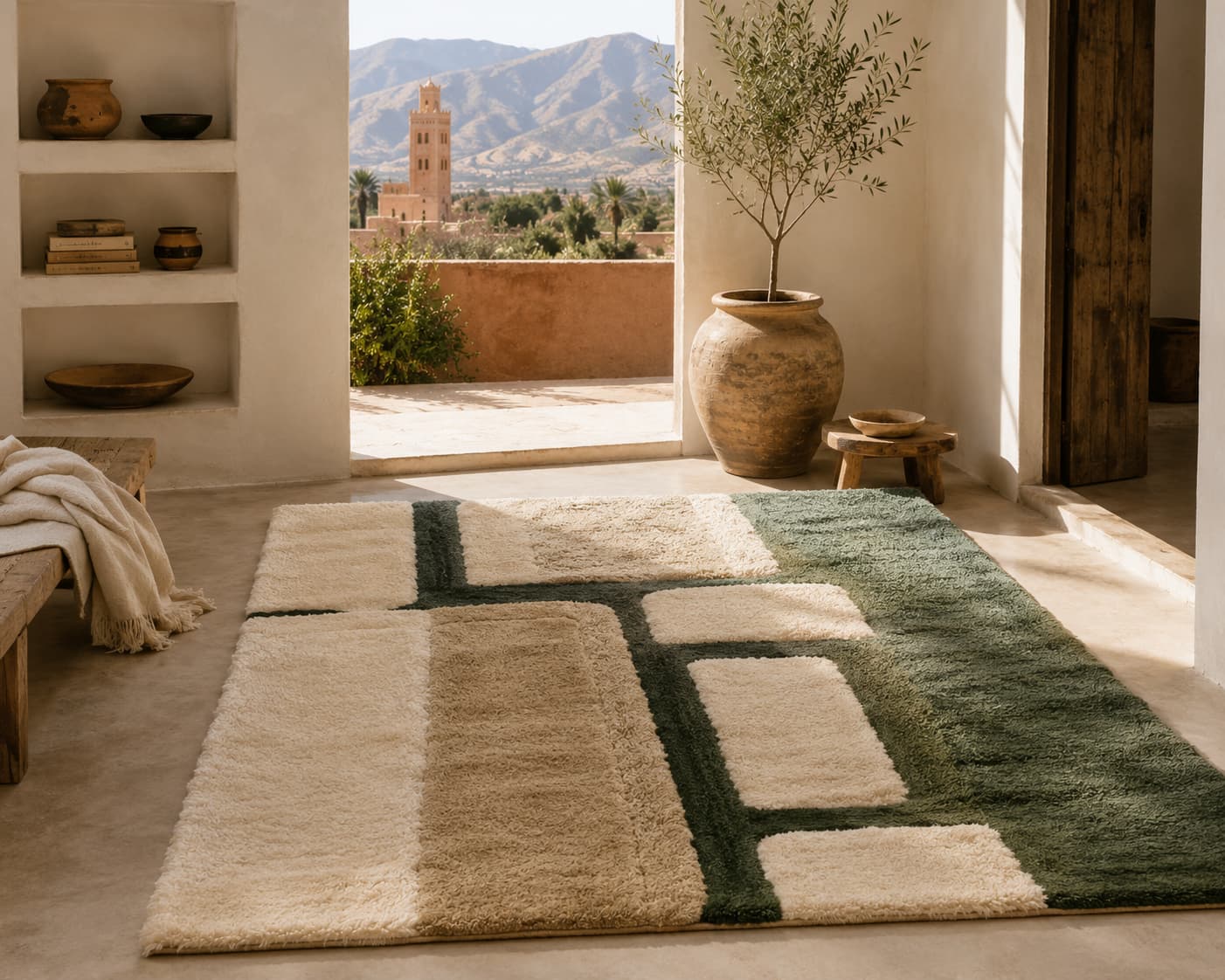 Terrace view over a hand-knotted Moroccan rug with the Koutoubia-style minaret in the distance, Soufiane Zarib