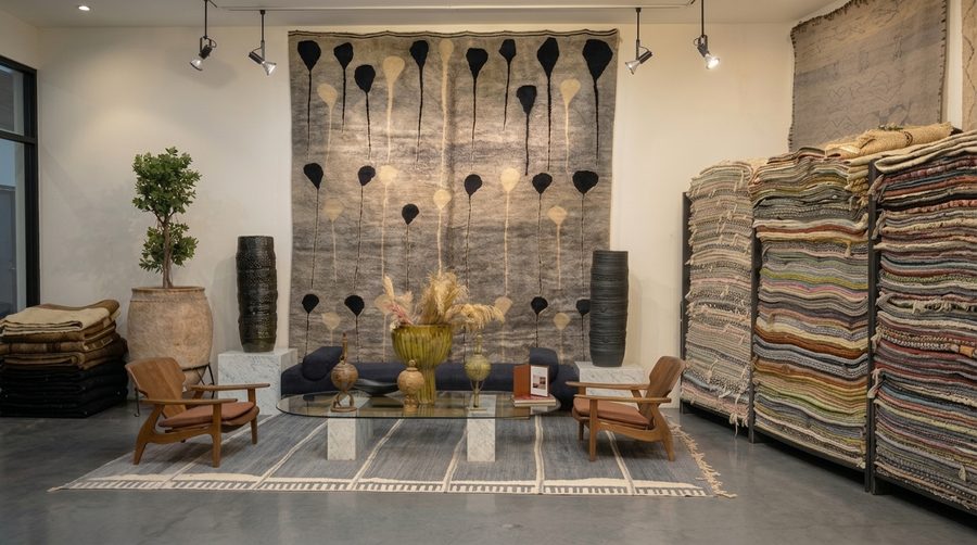 Vintage Berber rugs and a bold Beni Ourain wall-hanging displayed as art at the Soufiane Zarib gallery, Marrakech