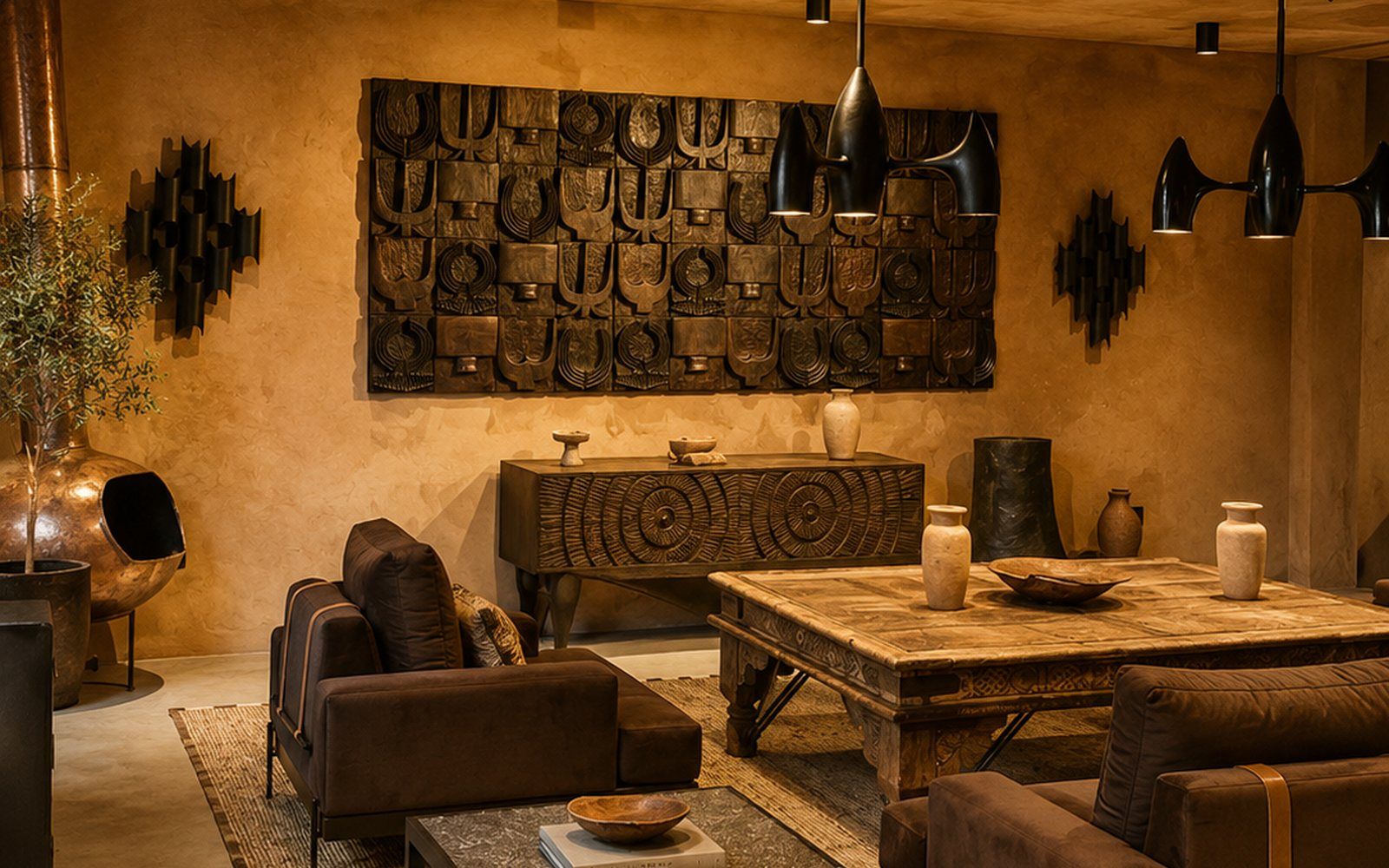 A Marrakech interior furnished with carved wood pieces and layered Berber rugs from Soufiane Zarib