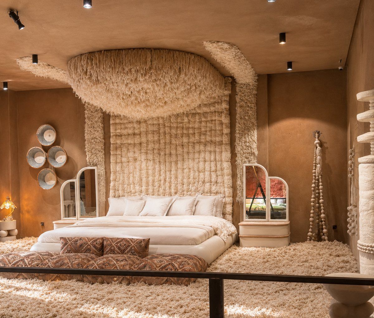 A bedroom dressed with hand-loomed wool textiles and vintage Berber cushions from Soufiane Zarib