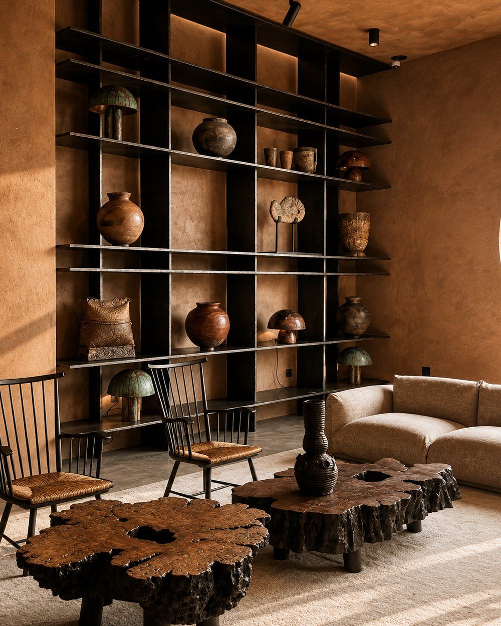 A curated shelf of Berber pottery and artefacts alongside the Soufiane Zarib rug archive