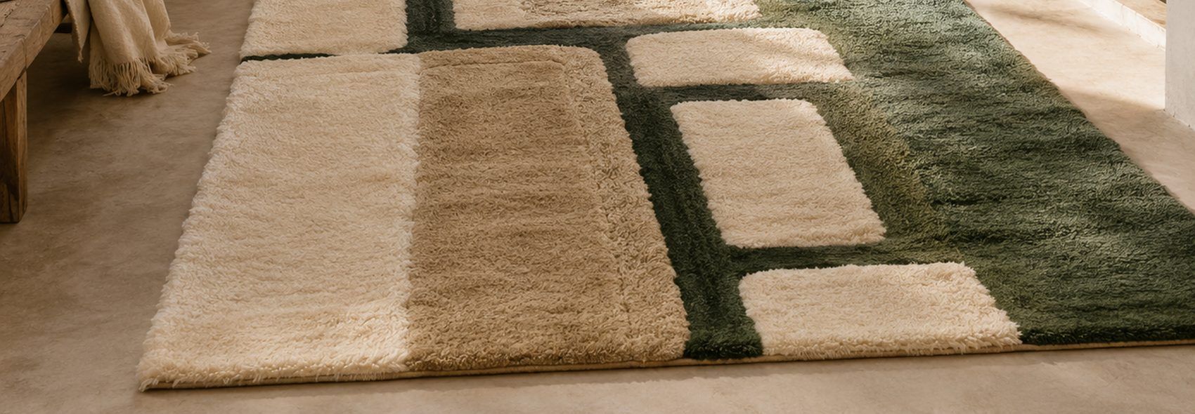 Ivory and green Beni Ourain rug in a Marrakech room overlooking the medina - Soufiane Zarib