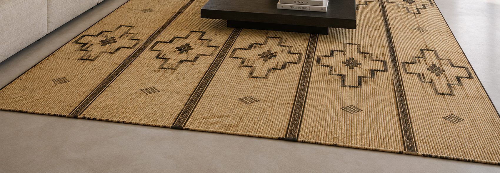 Handwoven Tuareg reed mat laid in a sunlit Moroccan living room - Soufiane Zarib